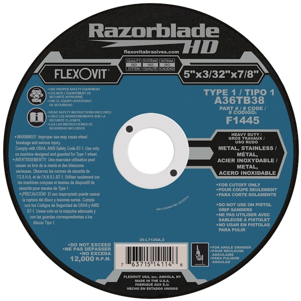 Flexovit Razorblade HD Razorblade HD Heavy Duty Cut-Off Wheel, 5 in Dia x 3/32 in THK, 7/8 in Center Hole, 36 F1445 - main